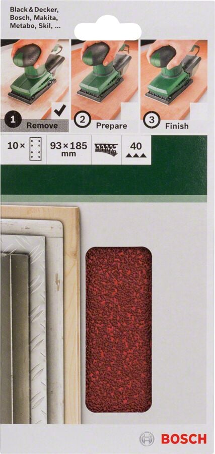 Bosch - Titreşimli Zımpara Kağıdı 10'lu, 93 x 185 mm 40 Kum 8 Delik