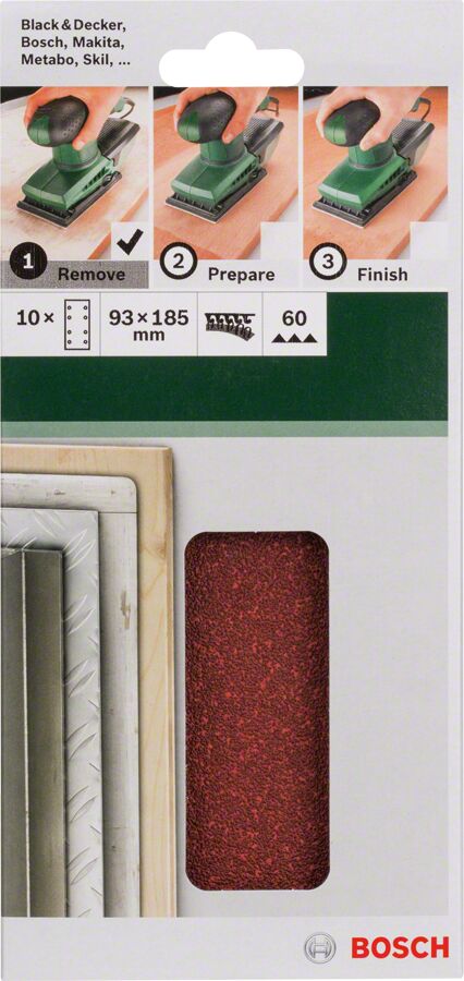 Bosch - Titreşimli Zımpara Kağıdı 10'lu, 93 x 185 mm 60 Kum 8 Delik