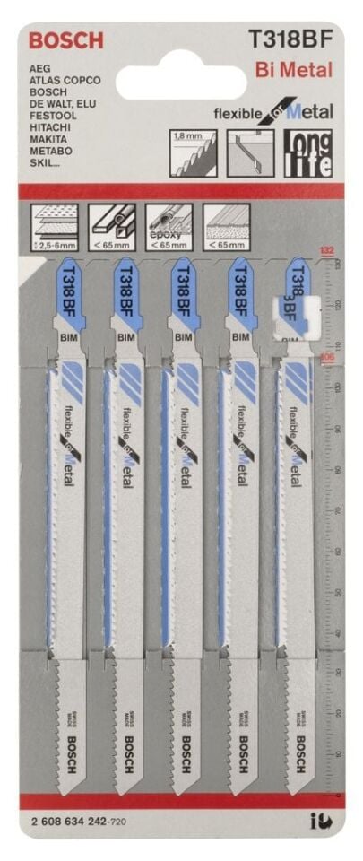 Bosch - Kırılmaya Karşı Dayanıklı Seri Metal İçin T 318 BF Dekupaj Testeresi Bıçağı - 5'Li Paket