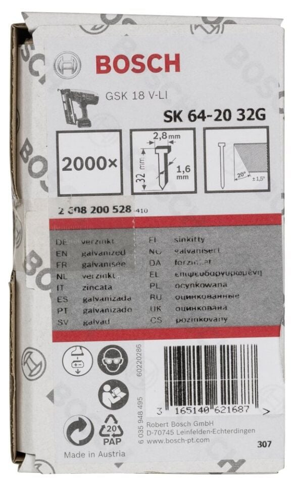 Bosch - Başsız Çivi 20ᵒ 32 mm Galvanizli 2000li