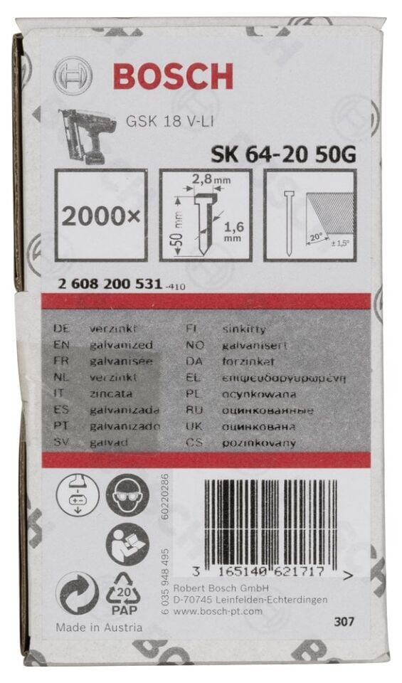 Bosch - Başsız Çivi 20ᵒ 50 mm Galvanizli 2000li