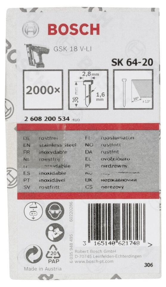 Bosch - Başsız Çivi 20ᵒ 38 mm Paslanmaz 2000li