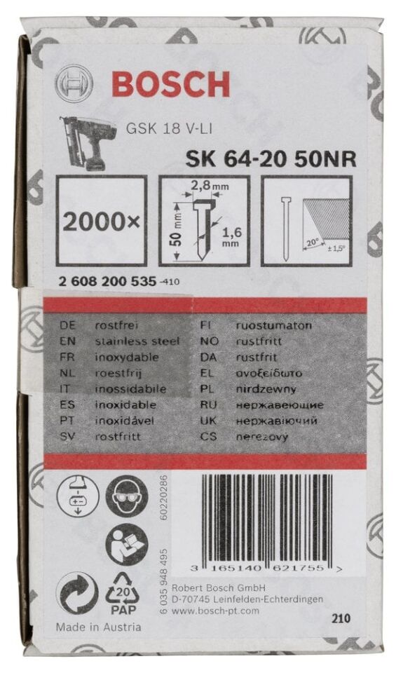 Bosch - Başsız Çivi 20ᵒ 50 mm Paslanmaz 2000li