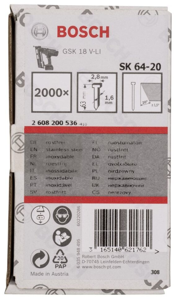 Bosch - Başsız Çivi 20ᵒ 63 mm Paslanmaz 2000li